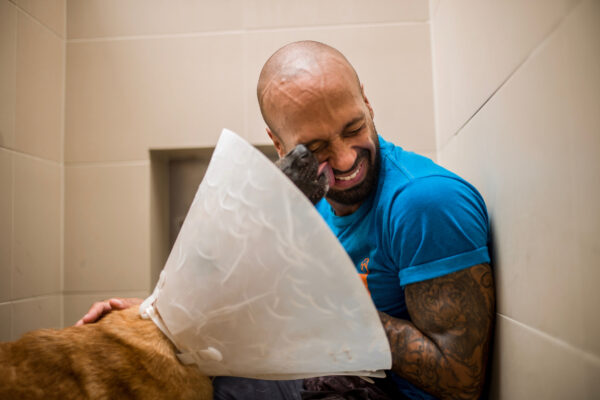 Curtis Brown visits dog in the recovery area of the hospital to give them so nurture and care. Here, Brown visit Coachella recovering from recent hip surgery.