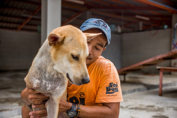 Caretaker Win Zaw 37, pets one of the dogs he looks after at the Soi Dog Foundation.