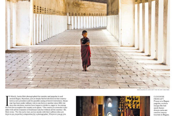 Montage from a NYT travel feature on Myanmar: monks dining, a lone boy monk in a temple corridor, and additional Myanmar photos.
