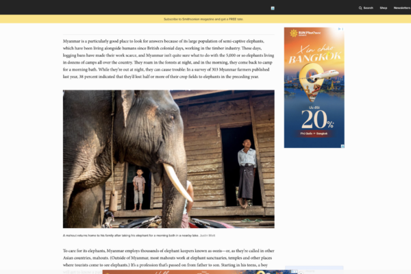 Elephant in the foreground beside a wooden house, with a man and a child standing in a doorway in a rural scene (Myanmar).