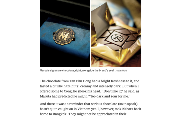 Side-by-side collage of two chocolates: left a blue-wrapped Marou bar, right a square chocolate with an M logo in gold foil.
