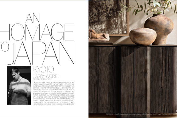 Left panel: minimalist magazine typography reading 'AN HOMAGE TO JAPAN' with a small black-and-white portrait at the bottom left side.