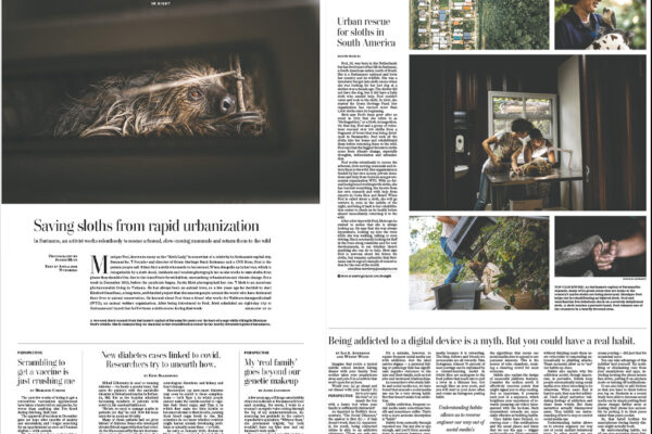 Two-page Washington Post Health & Science spread; left page shows a sloth peering from a dark vent beside the headline 'Saving sloths from rapid urbanization', right page features a collage of sloth photos and people caring for a sloth indoors.