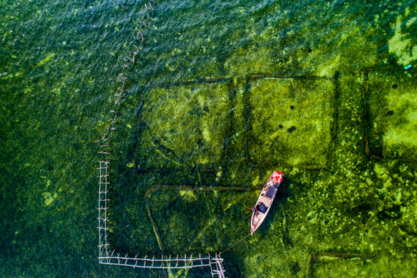 Aerial view of greenish shallow water with a zigzag wooden breakwater and a small red boat near the bottom-right.